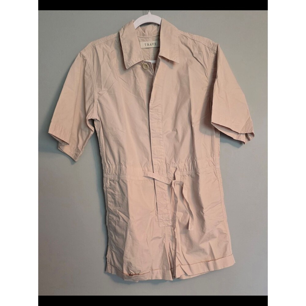 TRAVE Denim Bone Beige Cotton Short Sleeve Utility Romper XS Made in USA